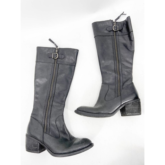 Born Fannar Black Leather Knee High Side Zip Block Heel Riding Boots Size 7M - Picture 2 of 5